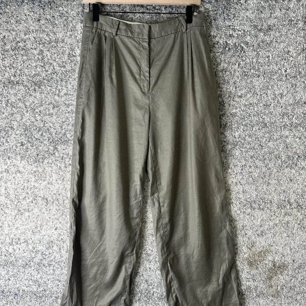 Babaton Pants Womens 8 Olive Linen Blend Wide Leg Pleated Trousers Zip Fly Lined